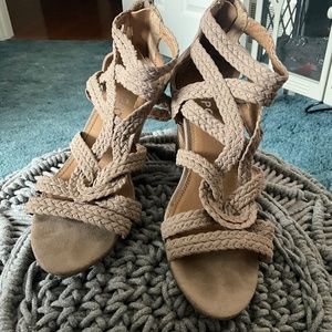 Taupe wedge sandal shoes zip up back